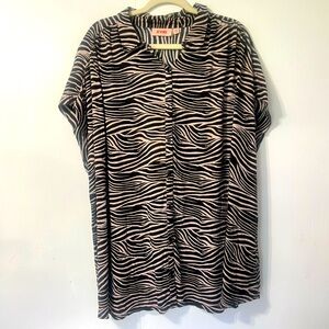 EVRI Zebra Print Button Down Casual Cap Sleeve Long Lined Shirt Size 3X